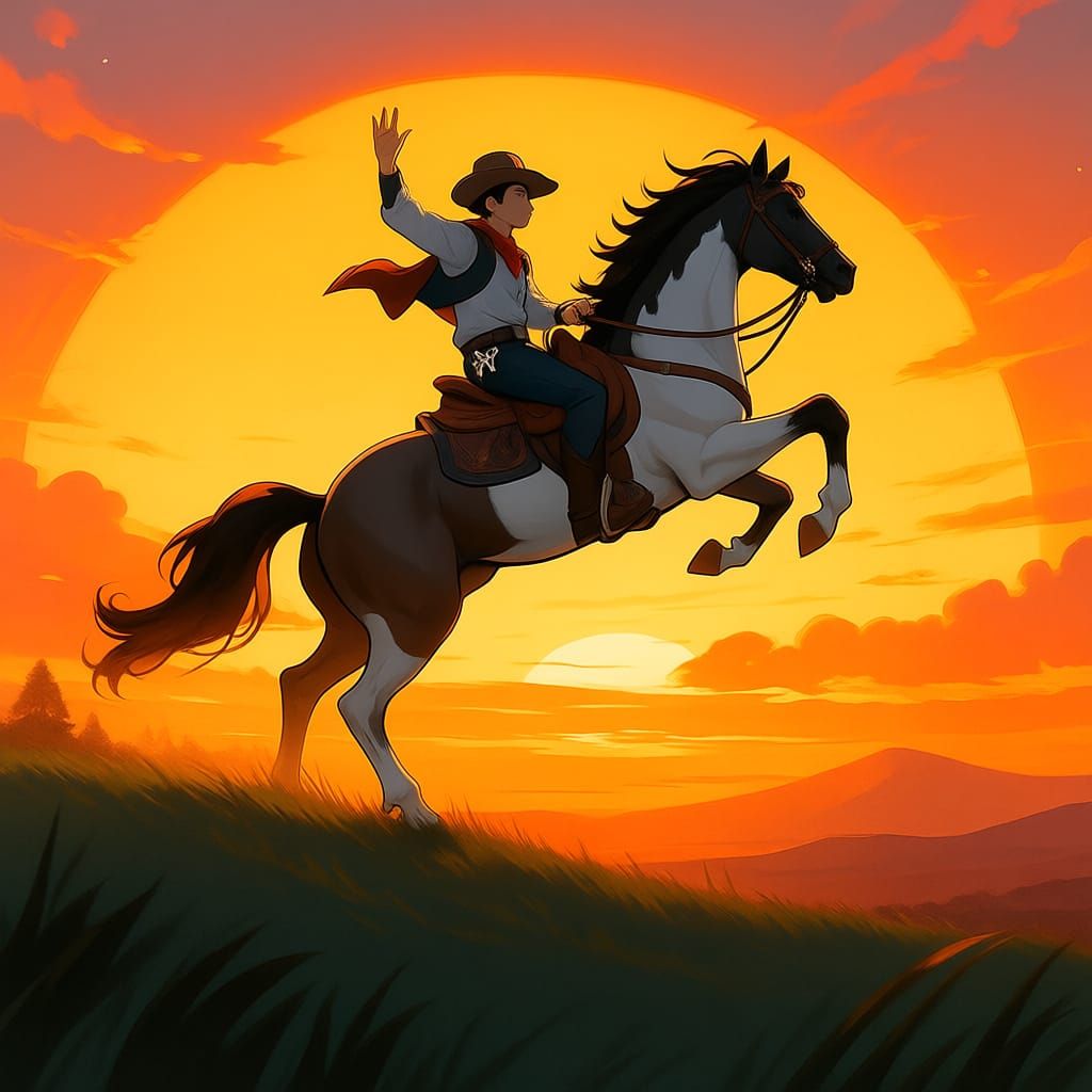 Anime Cowboy on Rearing Horse at Sunset