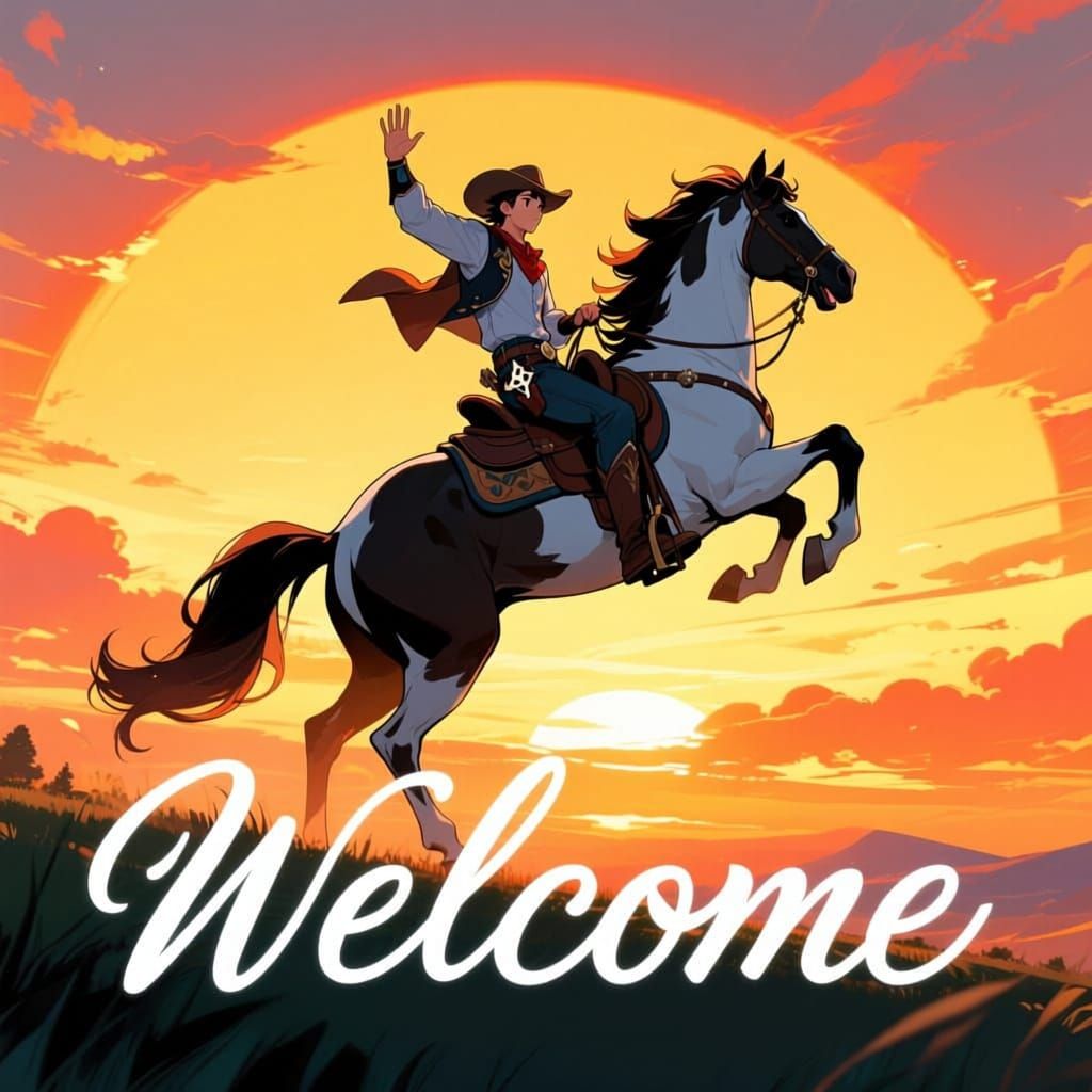 Anime Cowboy on Rearing Horse at Sunset