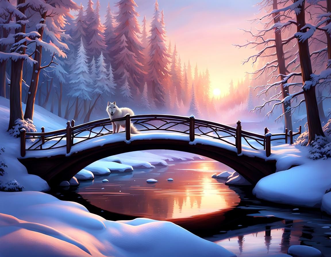 Peaceful Snowy Winter Riverscape with Baby Wolf