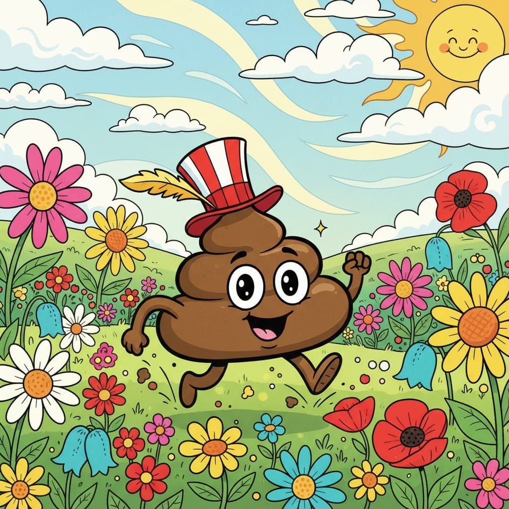 Whimsical Poo Character in Flower Field Illustration