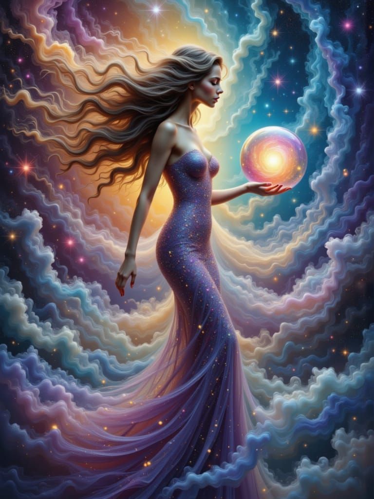 Cosmic Woman in Stardust Gown with Galaxy Orb