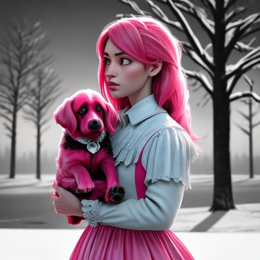 Girl with Puppy by Valentine's Day Tree