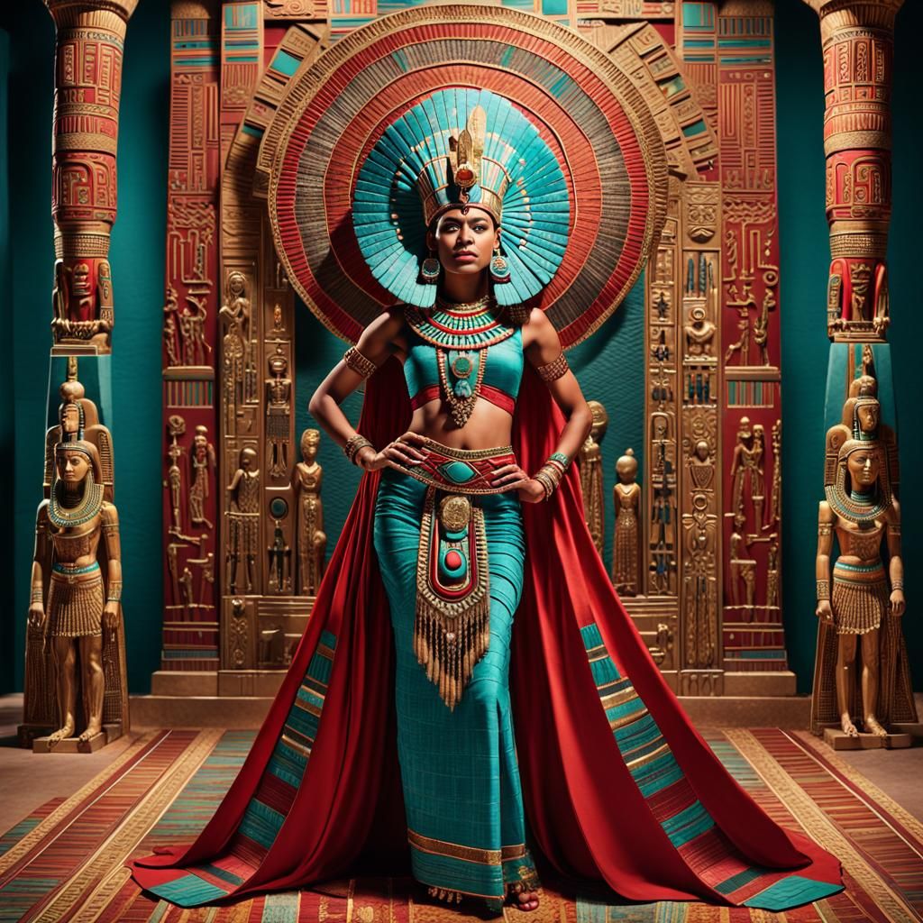 An ancient Egyptian woman in a striking Aztec-inspired ensem...