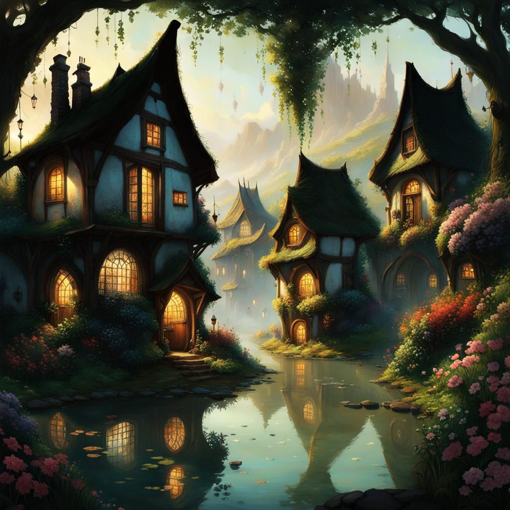 Idyllic Hobbit Village in Hyper Detailed Fantasy Art