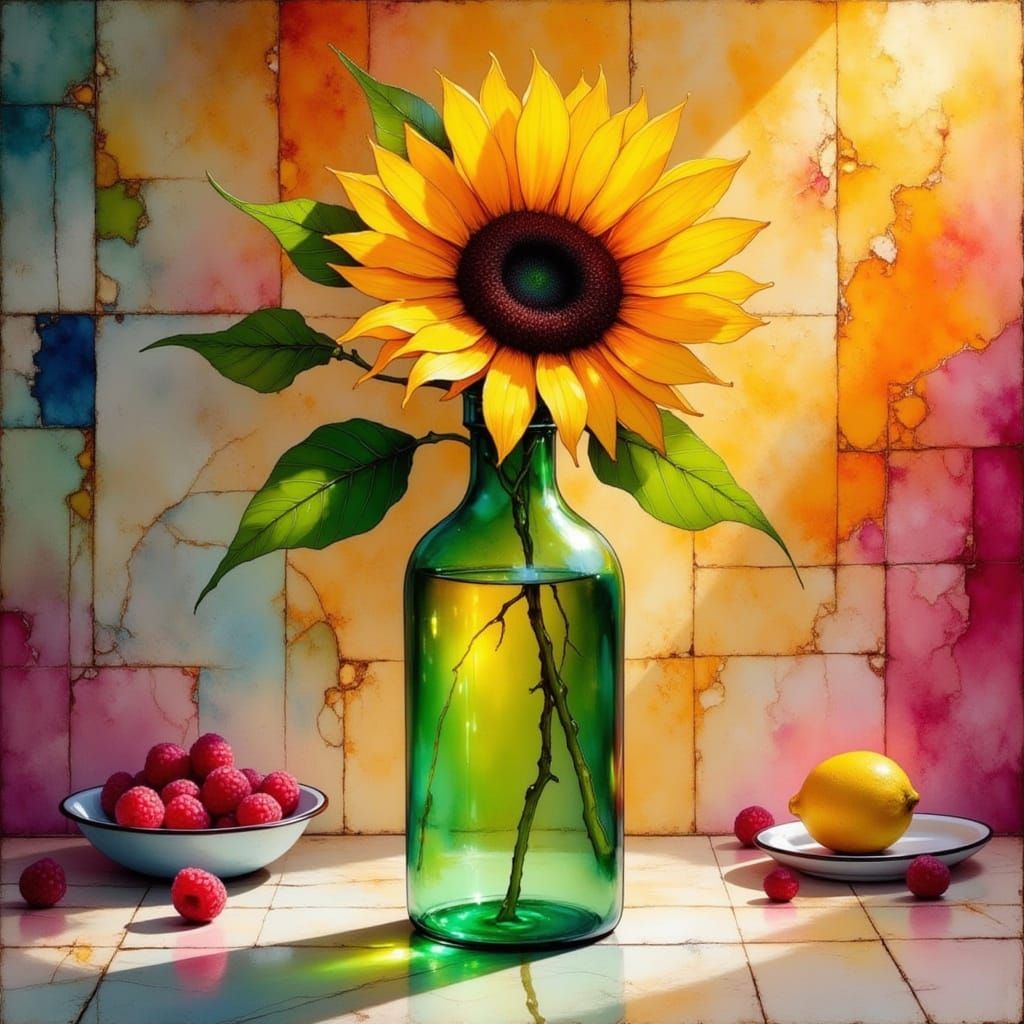 Sunflower Still Life in Translucent Green Bottle