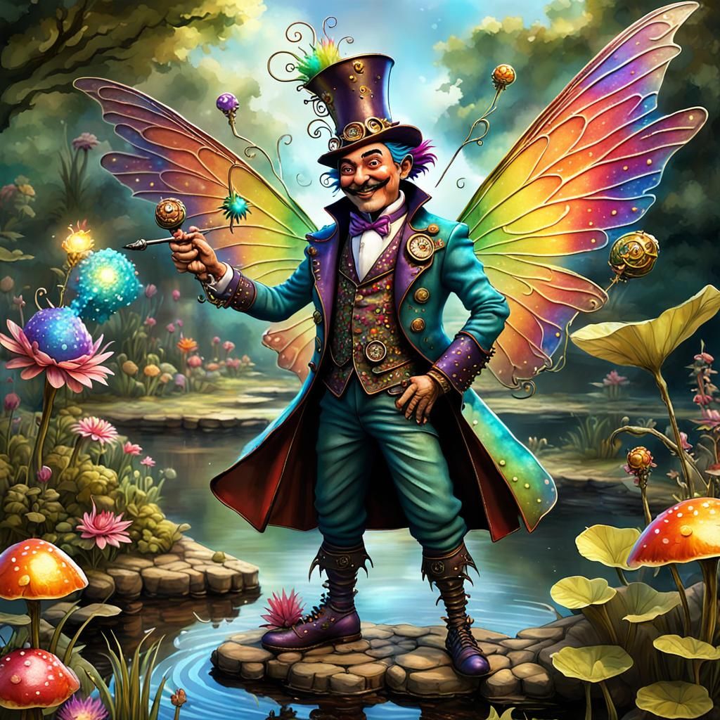 Whimsical Steampunk Fairy Godfather Scene in Naive Style