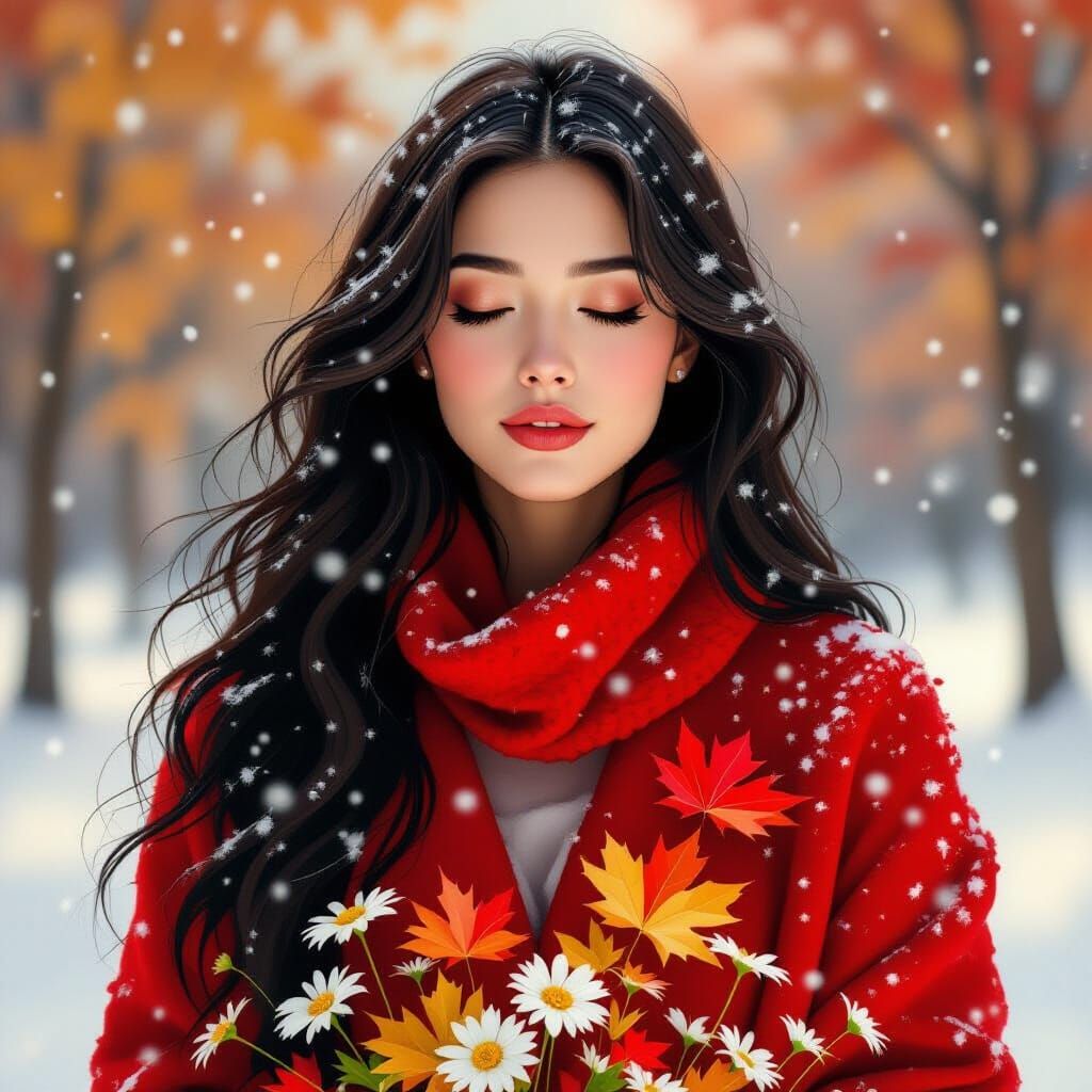 Contemplative Woman in Red Garment with Falling Snow and Lea...