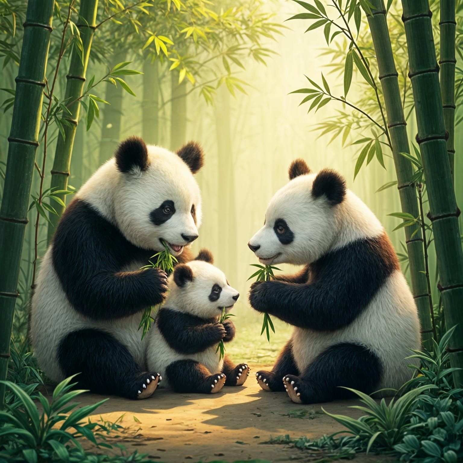 Family of Pandas Eating in Bamboo Grove