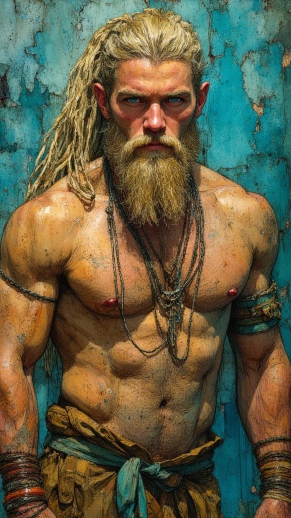 Viking Warrior Portrait with Blond Dreadlocks in Klimt Style