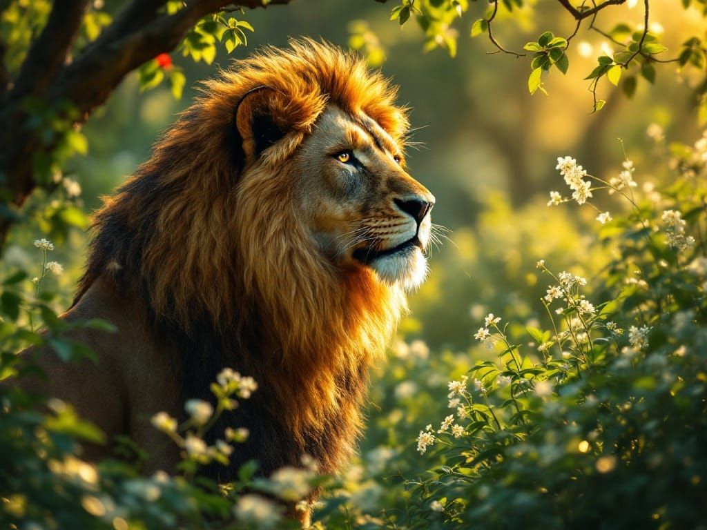 Majestic Lion in Vibrant, Backlit Landscape