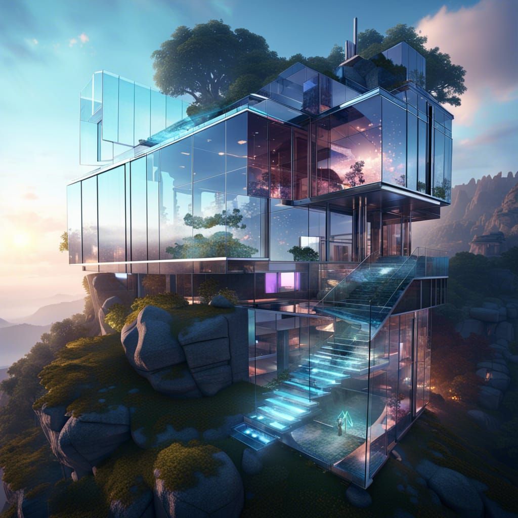 Cosmic Glass Mansion on Mountaintop in Sci-Fi Style