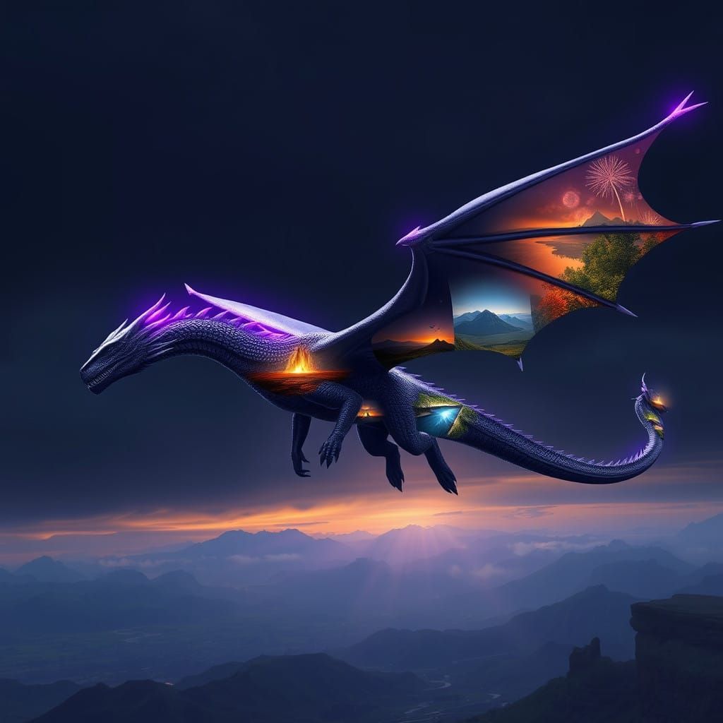 Surreal Dragon in Vibrant, Mosaic Landscape