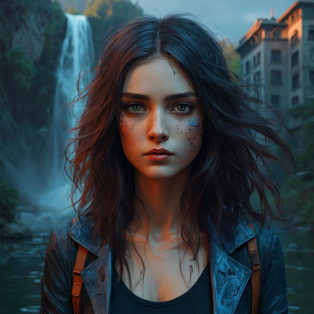 Cyberpunk Waterfall Skyscraper at Sunset