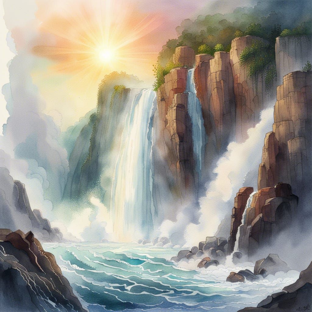 Waterfall Cascading into Ocean Waves in Watercolor