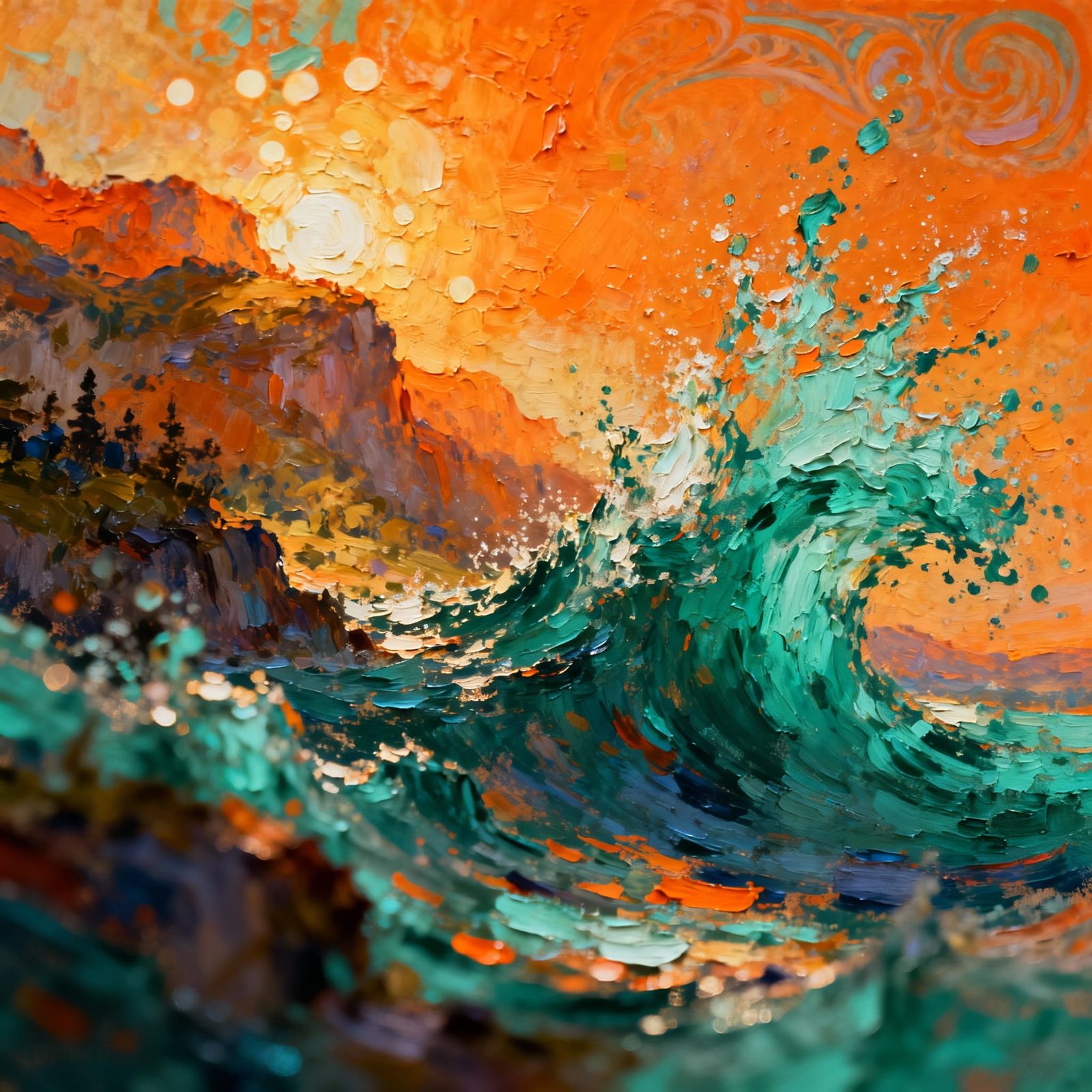 Expressionist Landscape Painting with Textured Paint and Tri...