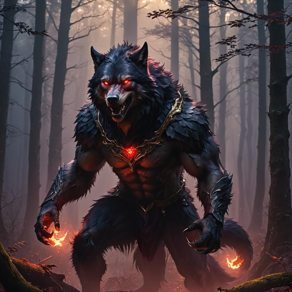 Werewolf Transformation in Misty Forest: Fantasy Art