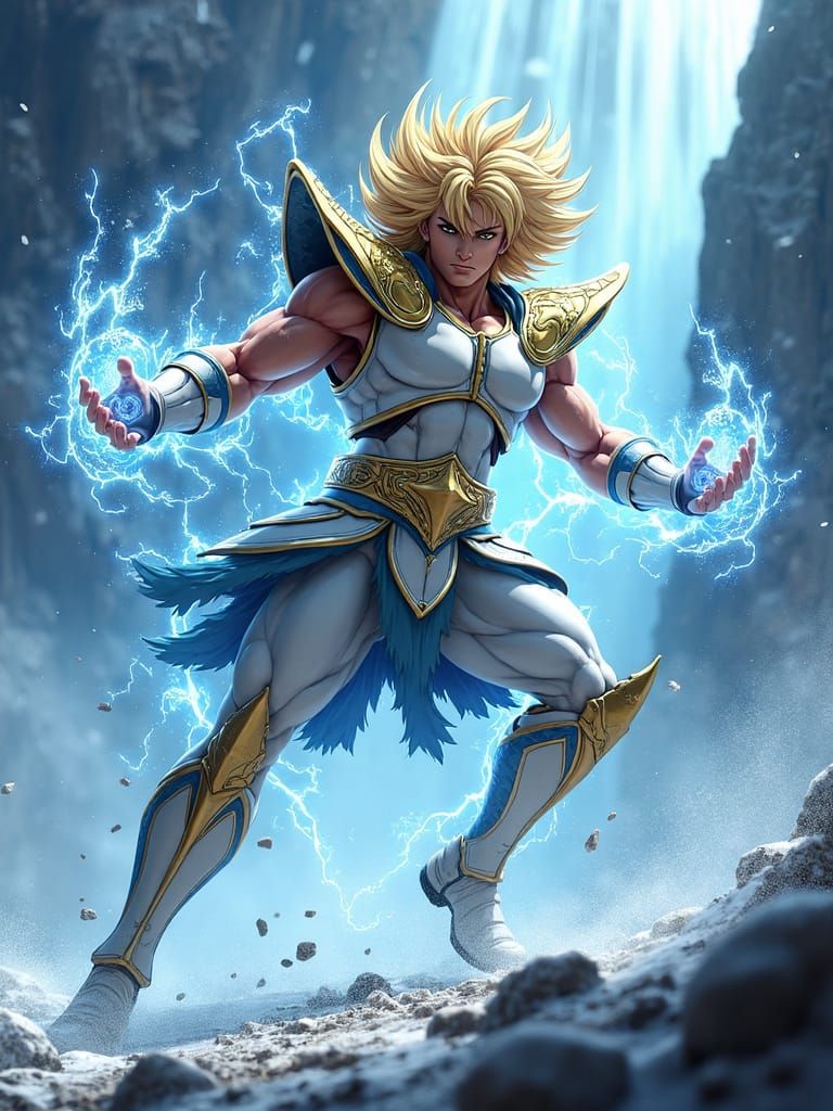 Hyoga Mid-Battle with Electrifying Energy, Anime Art