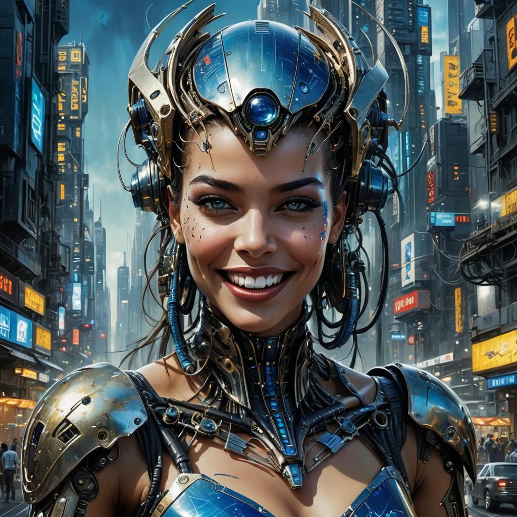 Futuristic Android Laughing in Cyberpunk Cityscape