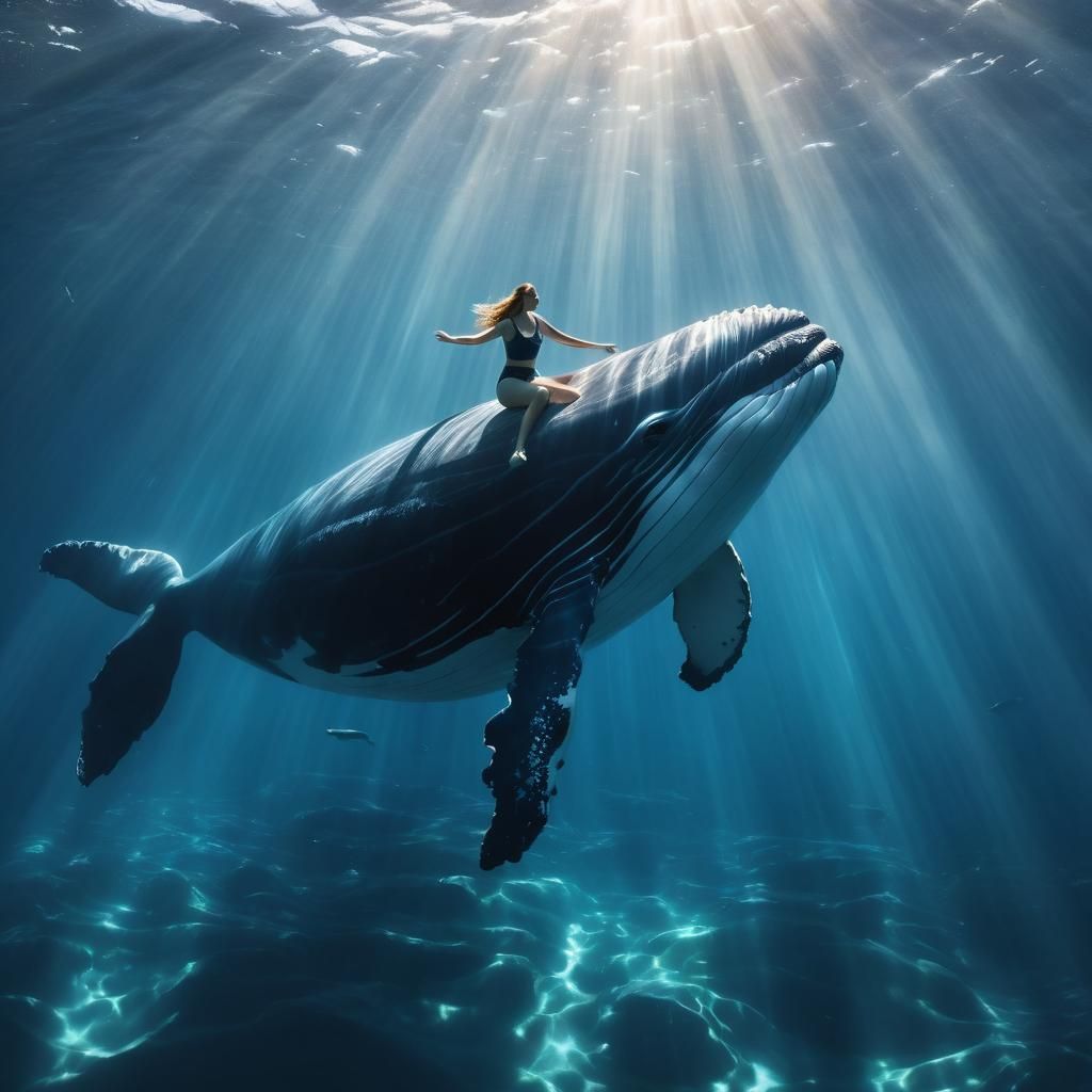 Woman Rides Whale in Sunlit Underwater Scene