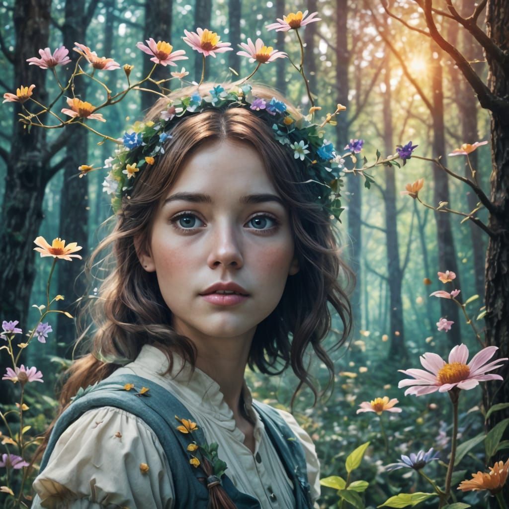 Whimsical Girl in Sunlit Forest, Inspired by Imagination