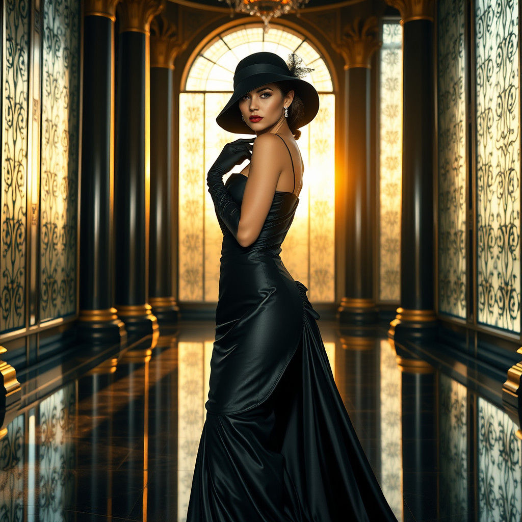 Elegant Woman in Gown in Art Deco Ballroom