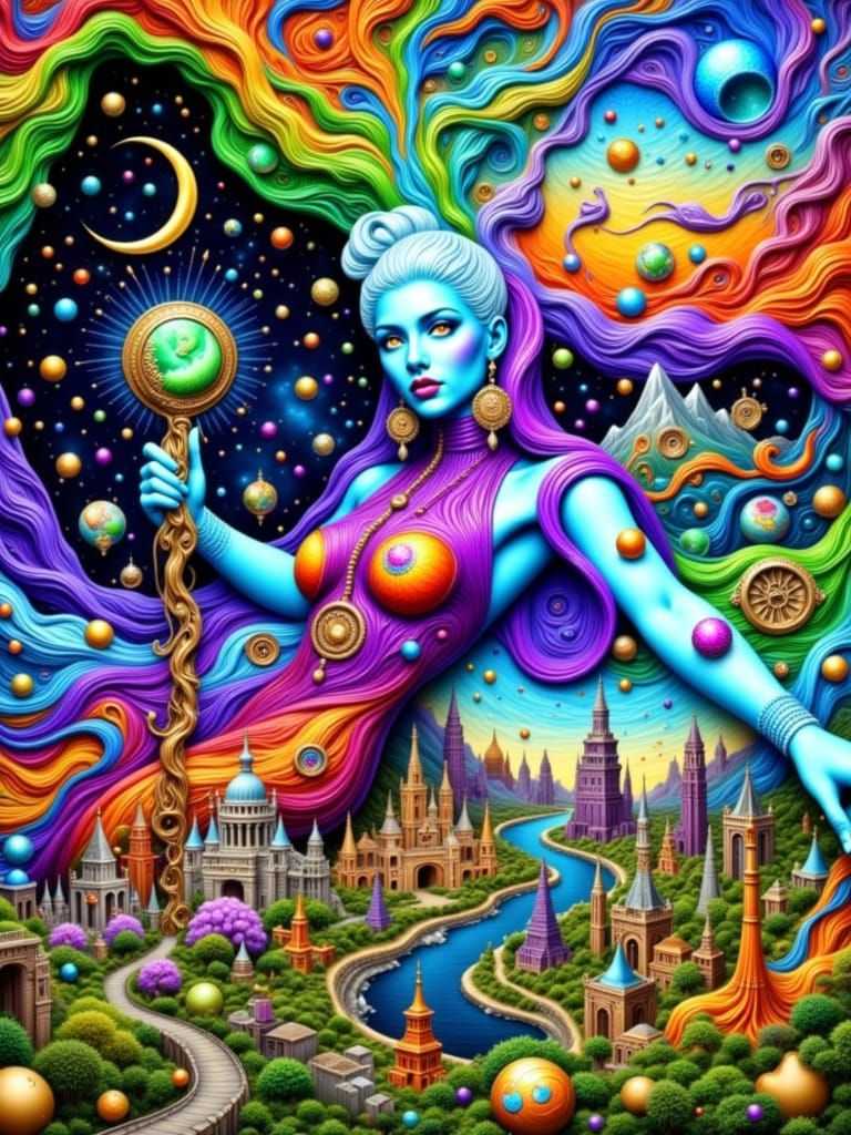 Blue Goddess Surrounded by Worlds in 3D