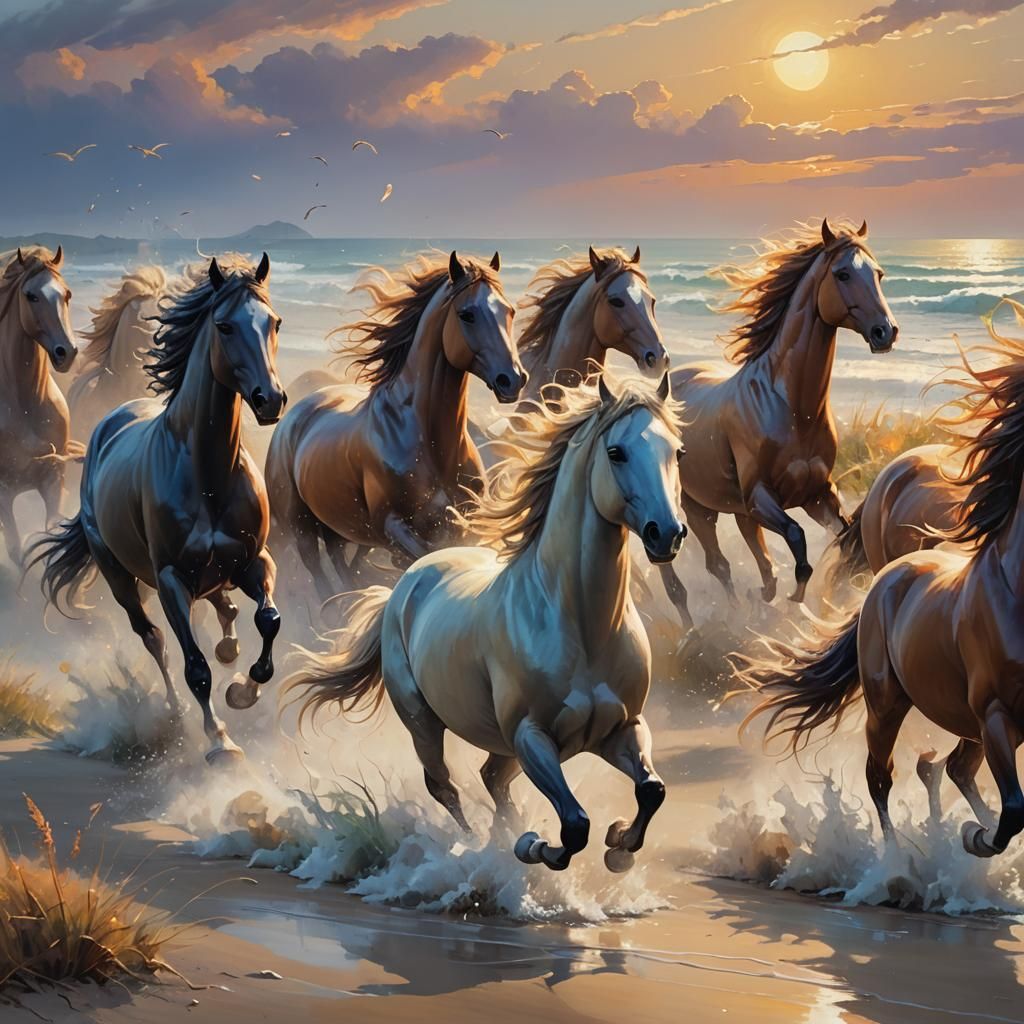 Horses Galloping on Misty Beach: Fantastical Oil Painting