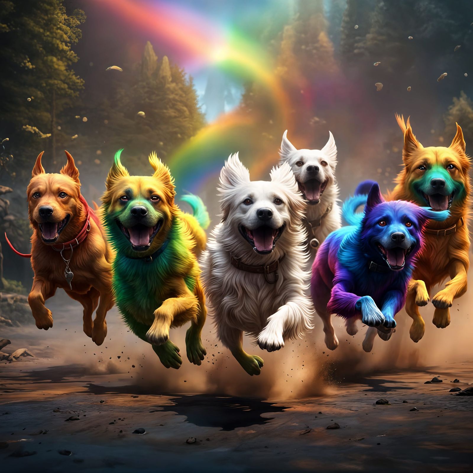 Dogs Running in Rainbow: Detailed Matte Painting