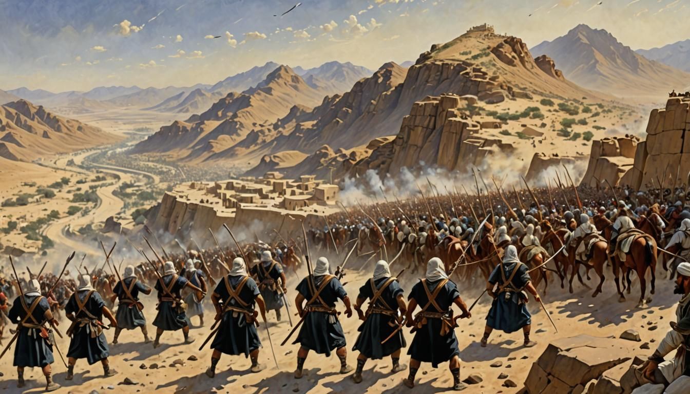 Archers on Hill during Battle, in Oil Painting Style