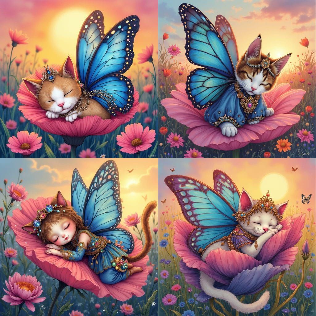 Whimsical Cat Fairy in Vibrant Floral Field