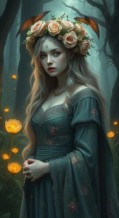 Ethereal Forest Witch with Glowing Plants, Digital Art