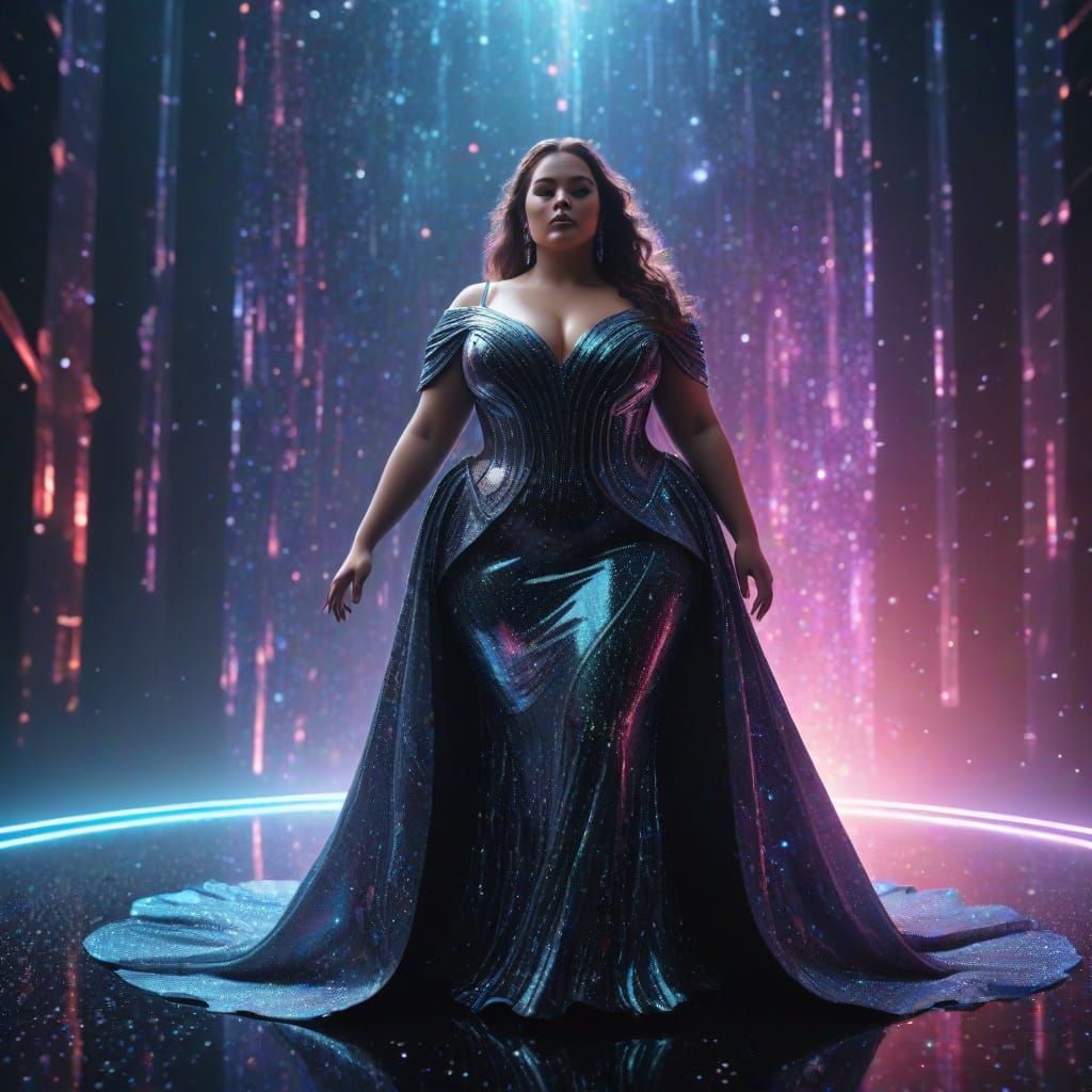 Afro-futurist Woman on Floating Stage in Cosmic Gown