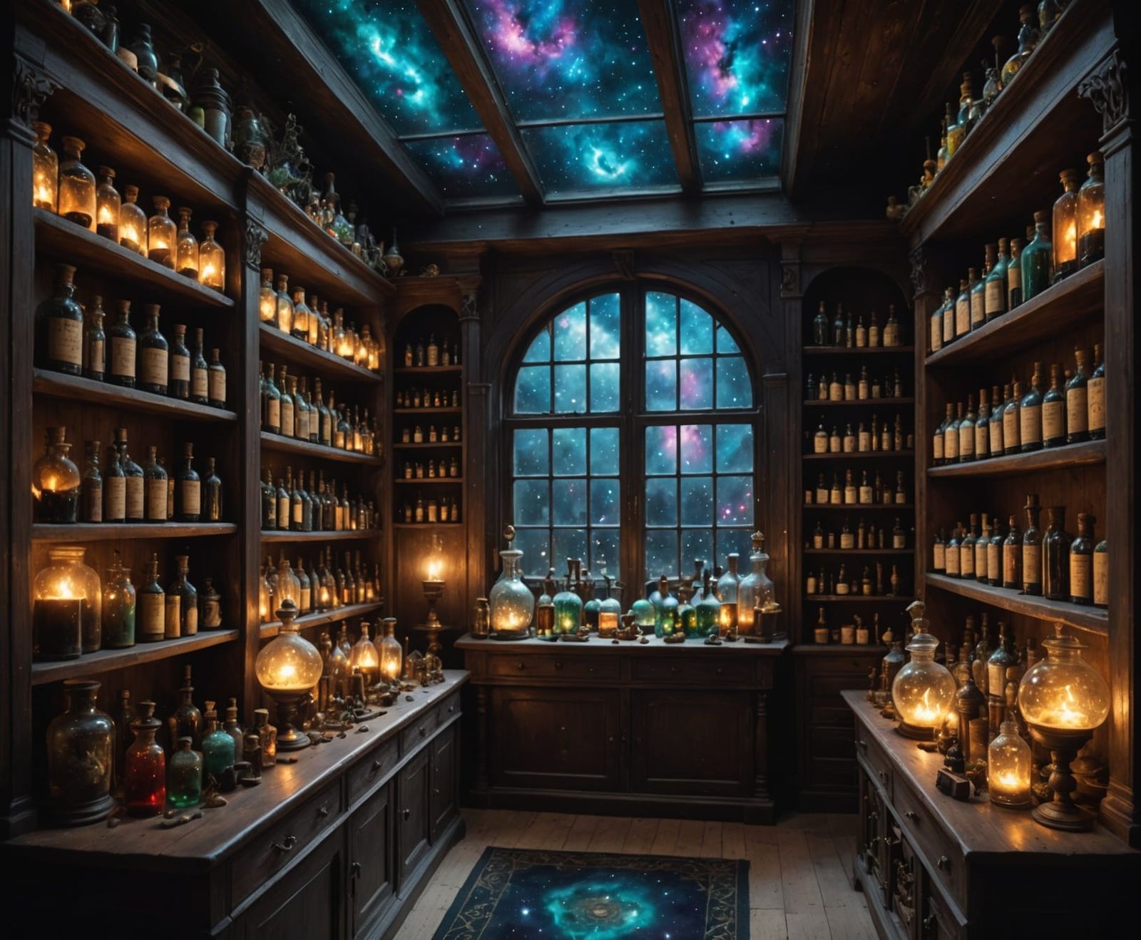 Mystical Victorian Apothecary Shop with Glowing Potions