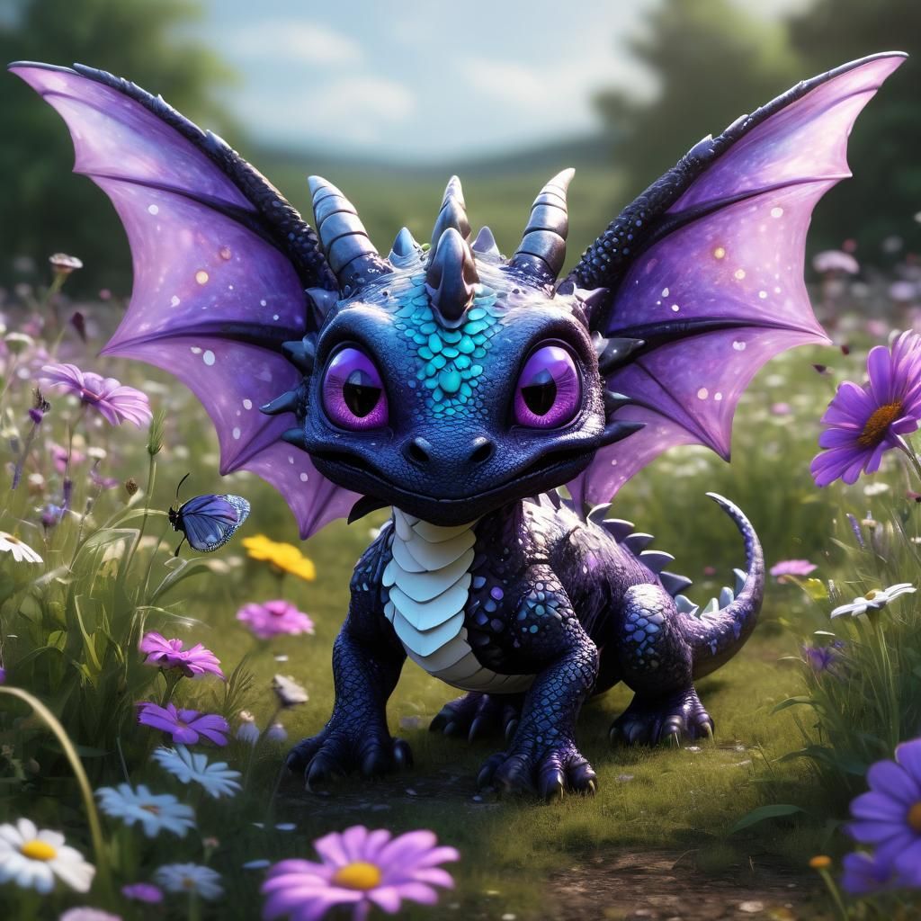 Cartoon Dragon Chasing Butterflies in Wildflower Field