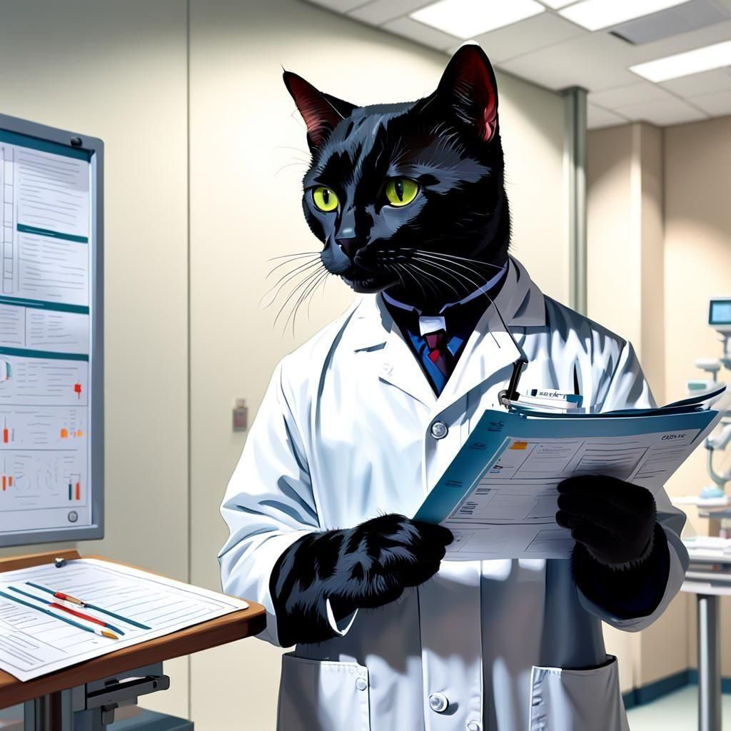Black Cat Doctor Reviews Patient Chart