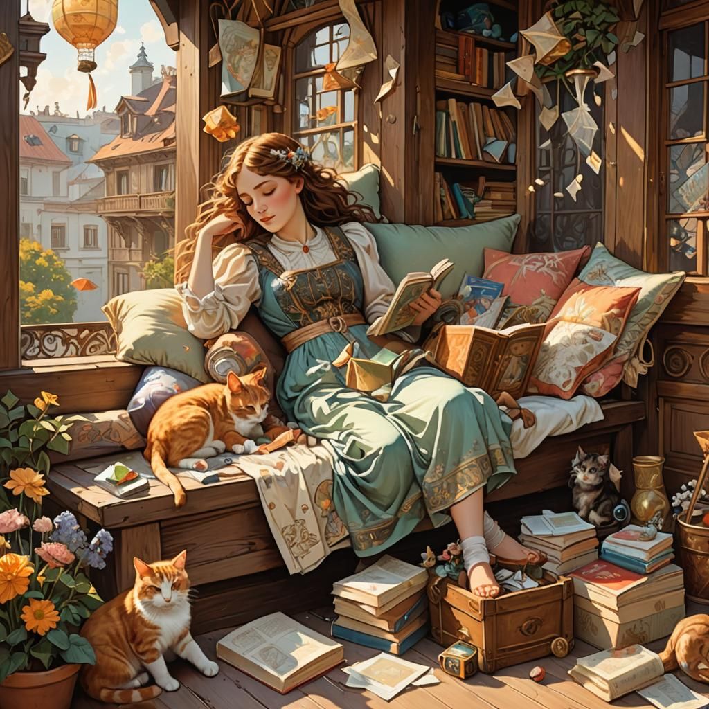 Girl on Balcony in Art Nouveau Style