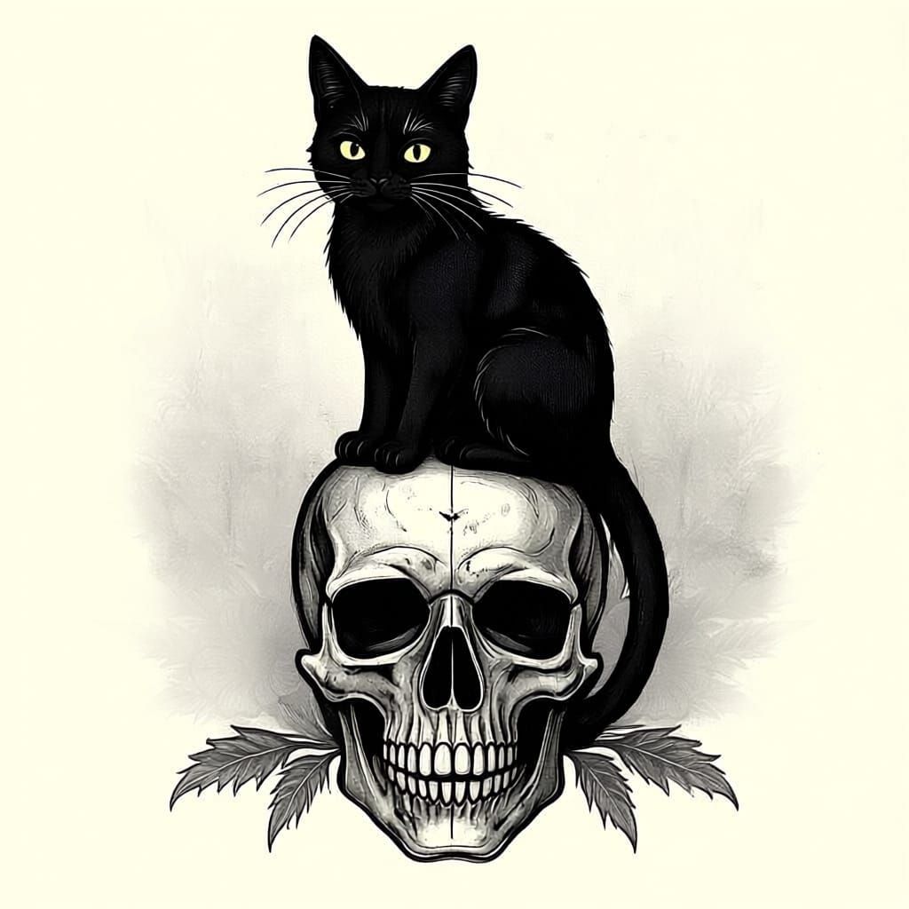 Black and White Cat Skull Tattoo Design with Floral Accents