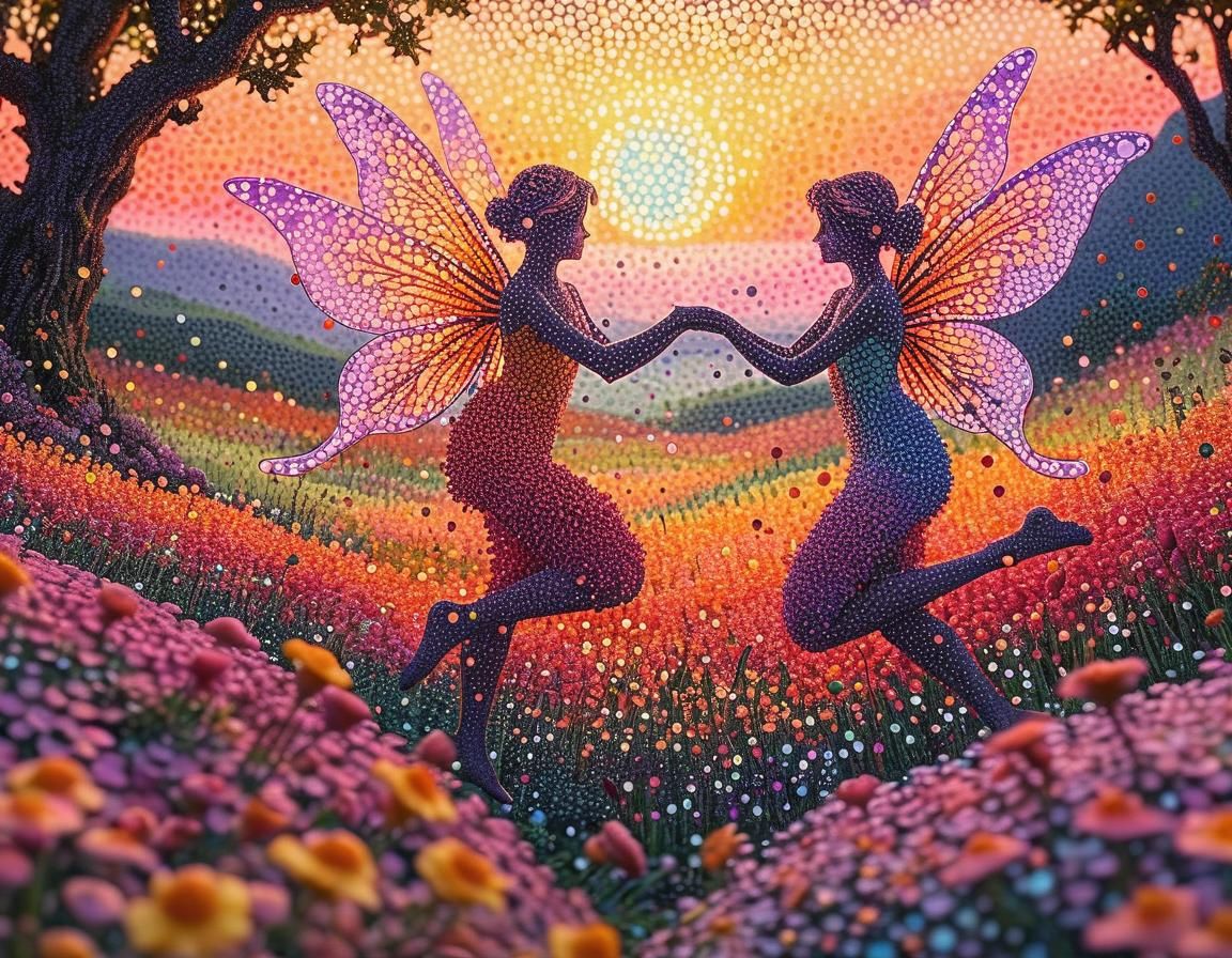 Fairies Dancing in Meadow: A Pointillist Dream