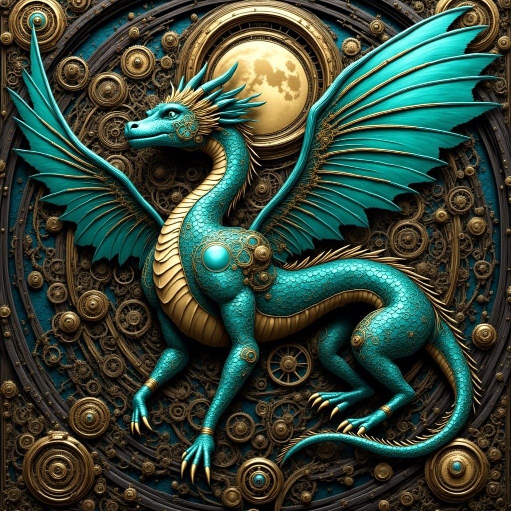 Mythical Moon Dragon with golden whimsical swirls Rocco, fra...