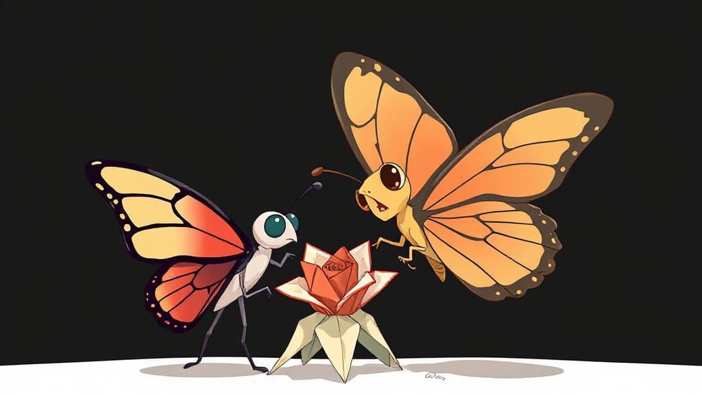 Confused Butterfly Eats Origami Flower, Anime Caricature