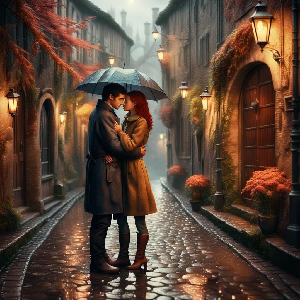 Romantic Couple in Rain, Whimsical Matte Painting