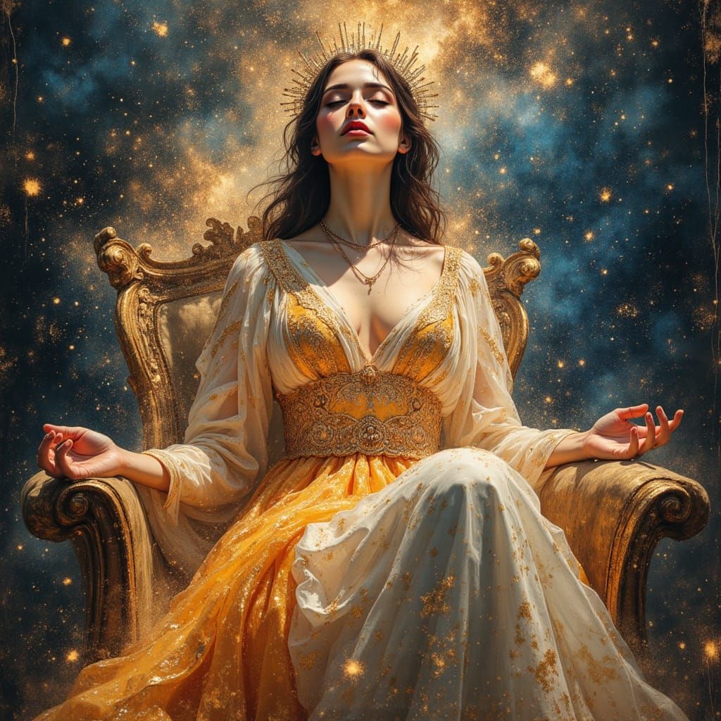 Queen on Celestial Throne Amidst Cosmic Energy