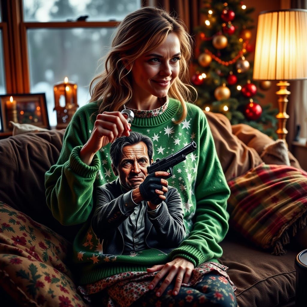 Woman in Ugly Christmas Sweater with John McClane