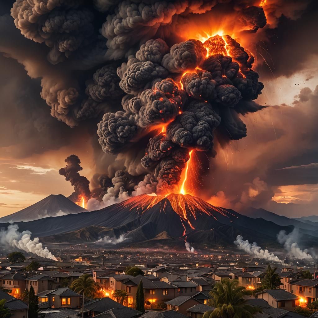 Volcanic Eruption Engulfs Town in Flames