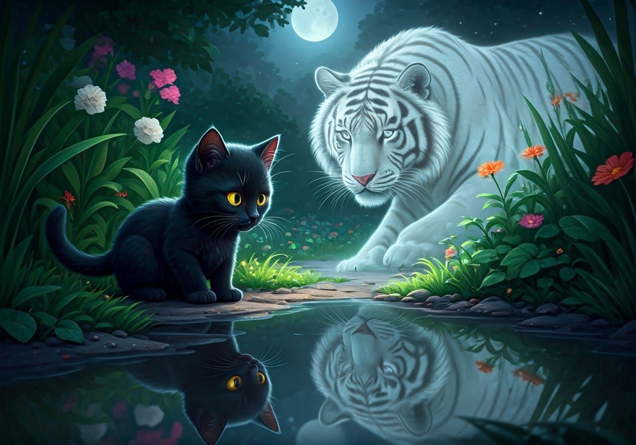 Kitten's Reflection: A White Tiger in Moonlit Garden