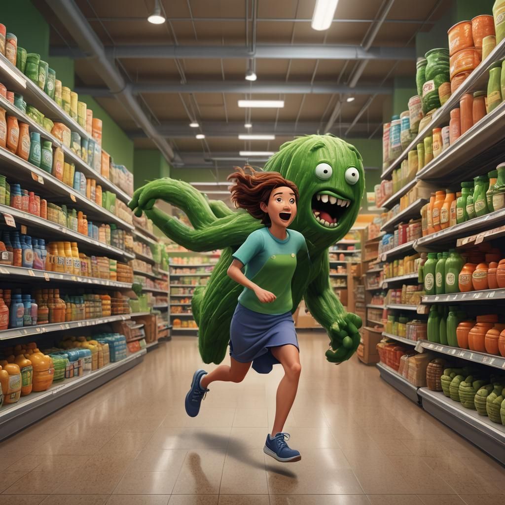 Woman Fleeing Pickle Monster: Pixar Style 3D Art
