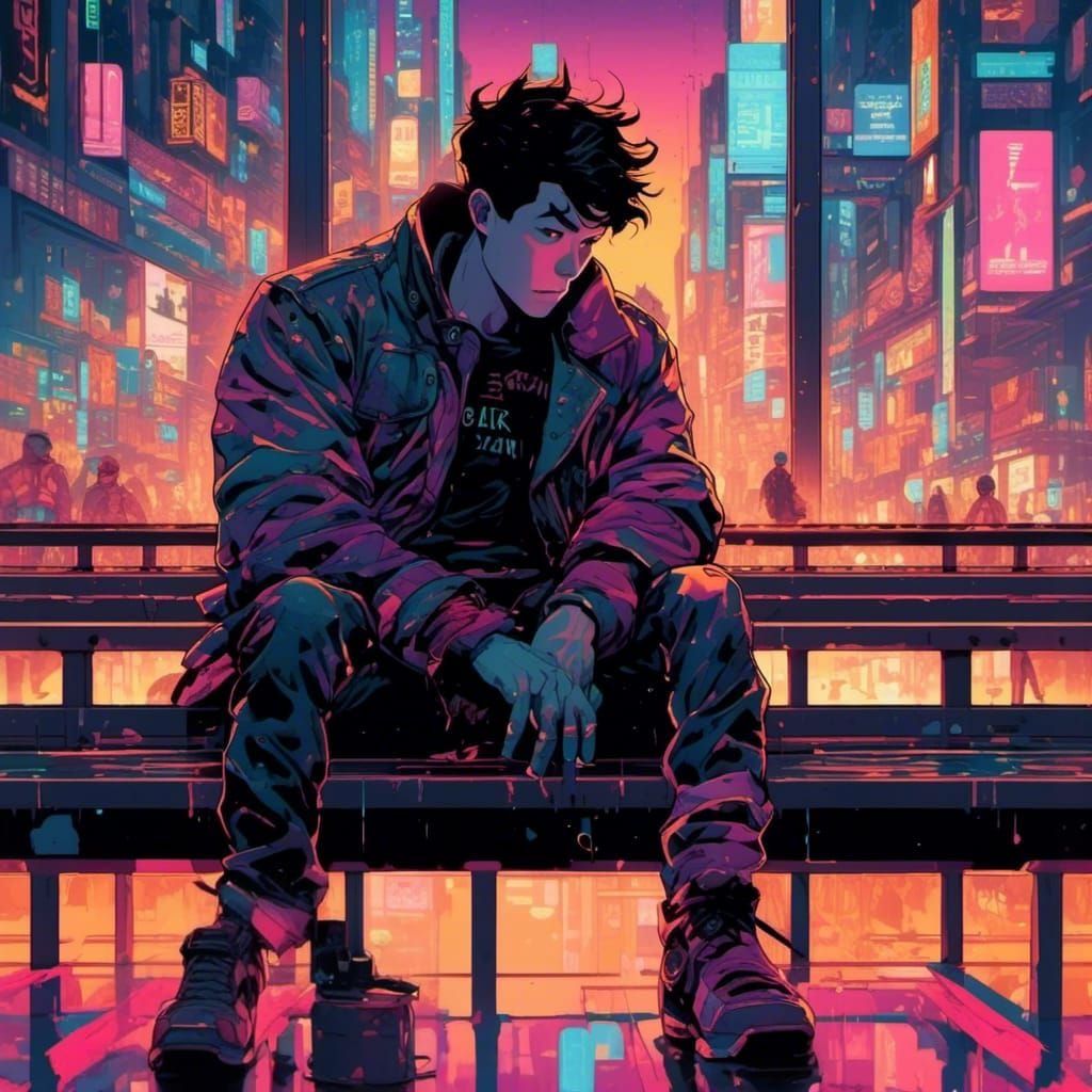 Male Cyborg in Dystopian Cyberpunk Cityscape