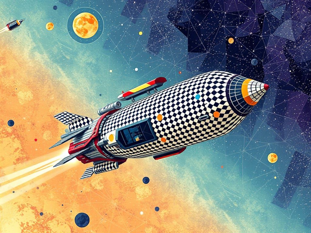 Vibrant Geometric Spaceship in Abstract Gingham Stripes