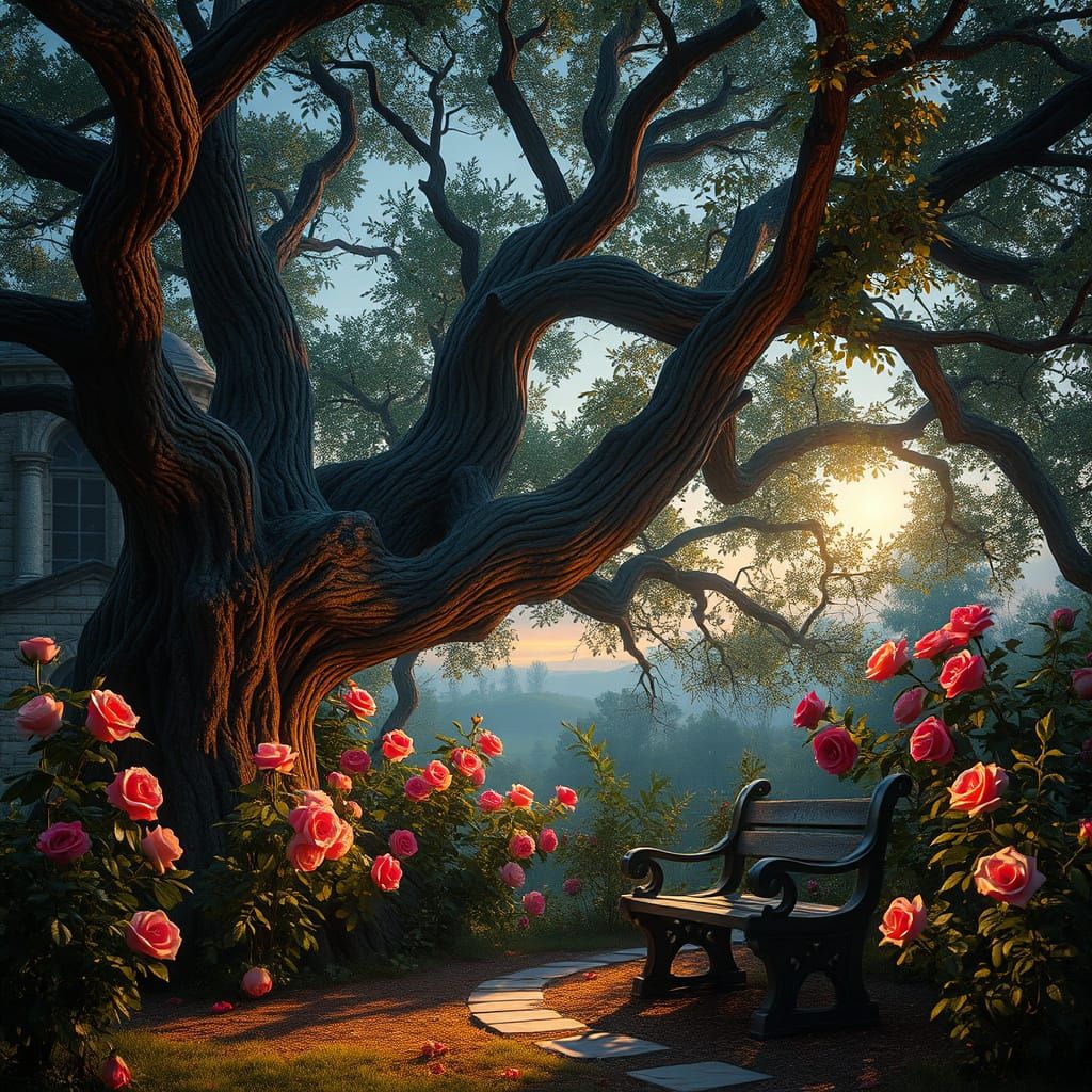 Majestic Oak in Forgotten Manor Garden - Ethereal Light