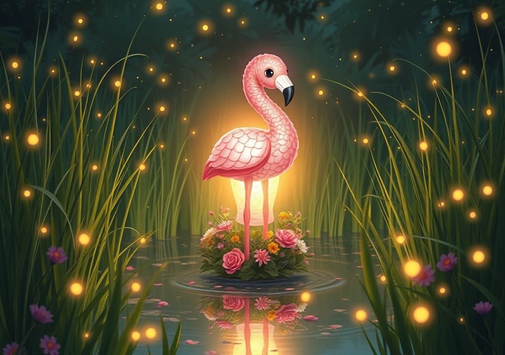 Glowing Flamingo Lamp in Whimsical Fantasy Landscape